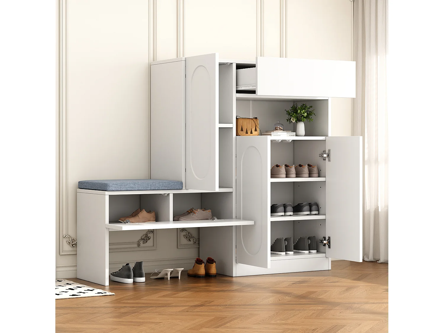 Meuble à chaussures multifonctionnelle - avec un siège rembourré - avec 4 portes et 1 tiroir - Blanc