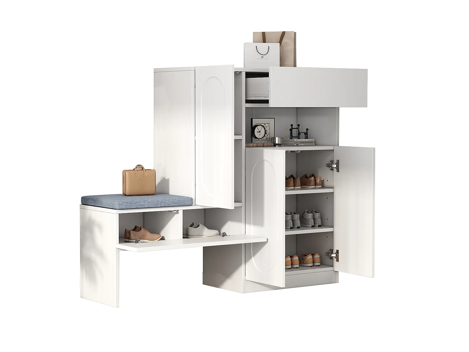 Meuble à chaussures multifonctionnelle - avec un siège rembourré - avec 4 portes et 1 tiroir - Blanc