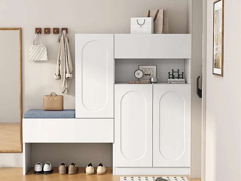 Meuble à chaussures multifonctionnelle - avec un siège rembourré - avec 4 portes et 1 tiroir - Blanc