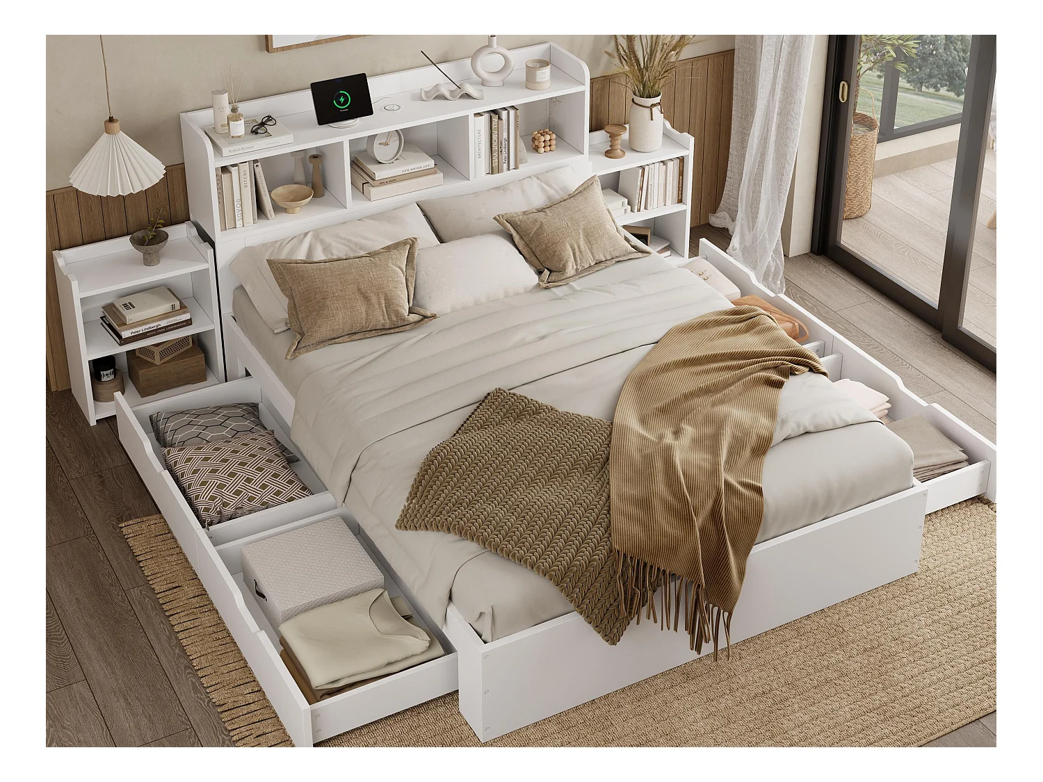 Lit double 140x200cm - avec 2 tables de chevet coulissantes - avec type C et chargement sans fil - avec 4 tiroirs et compartiments de rangement - blanc