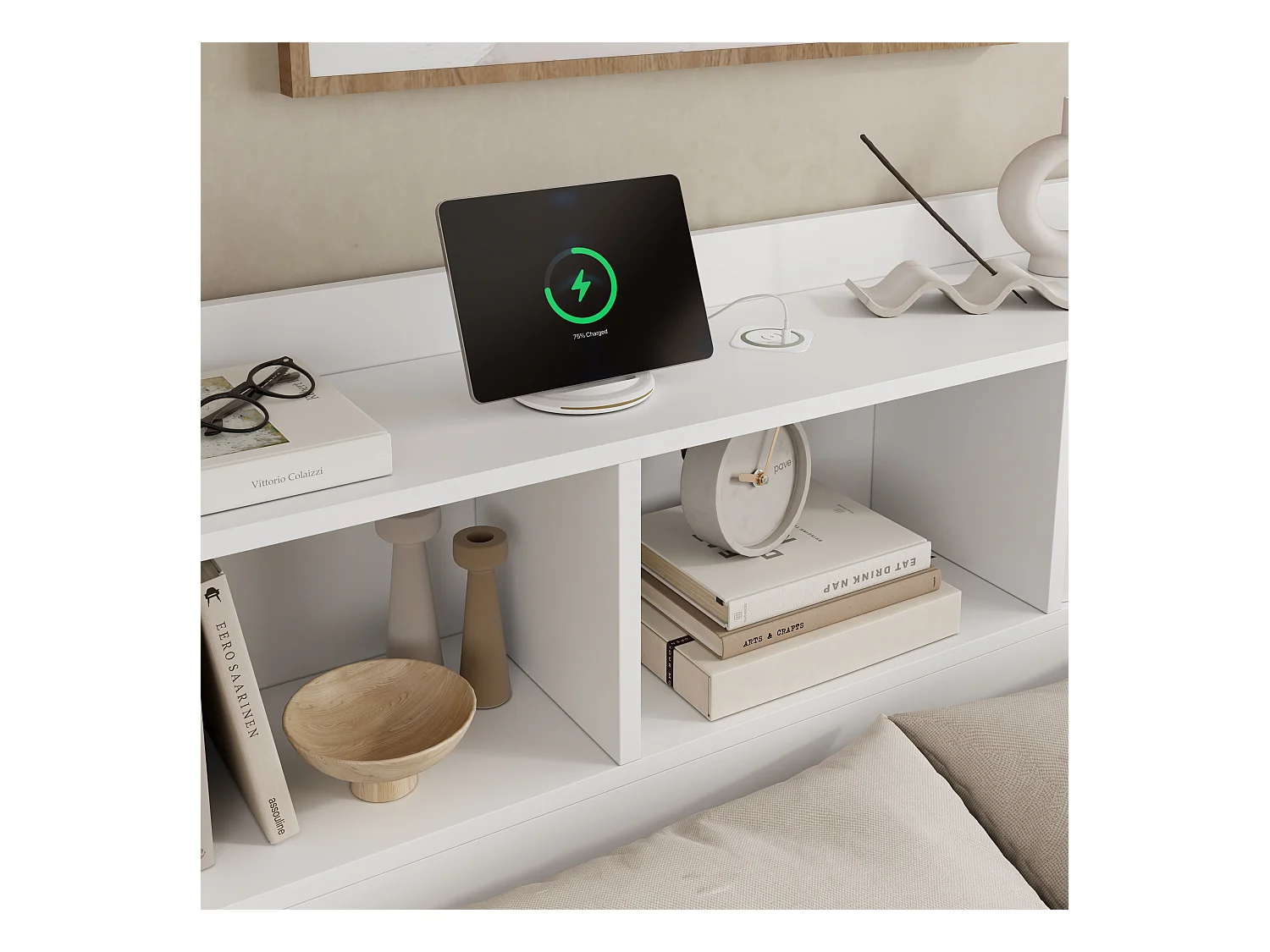 Lit double 140x200cm - avec 2 tables de chevet coulissantes - avec type C et chargement sans fil - avec 4 tiroirs et compartiments de rangement - blanc