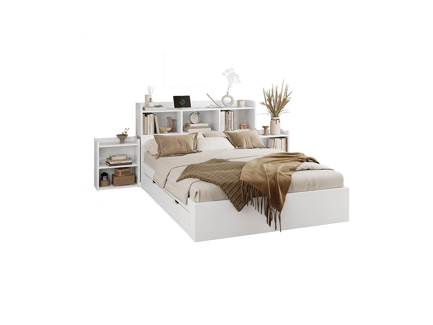 Lit double 140x200cm - avec 2 tables de chevet coulissantes - avec type C et chargement sans fil - avec 4 tiroirs et compartiments de rangement - blanc