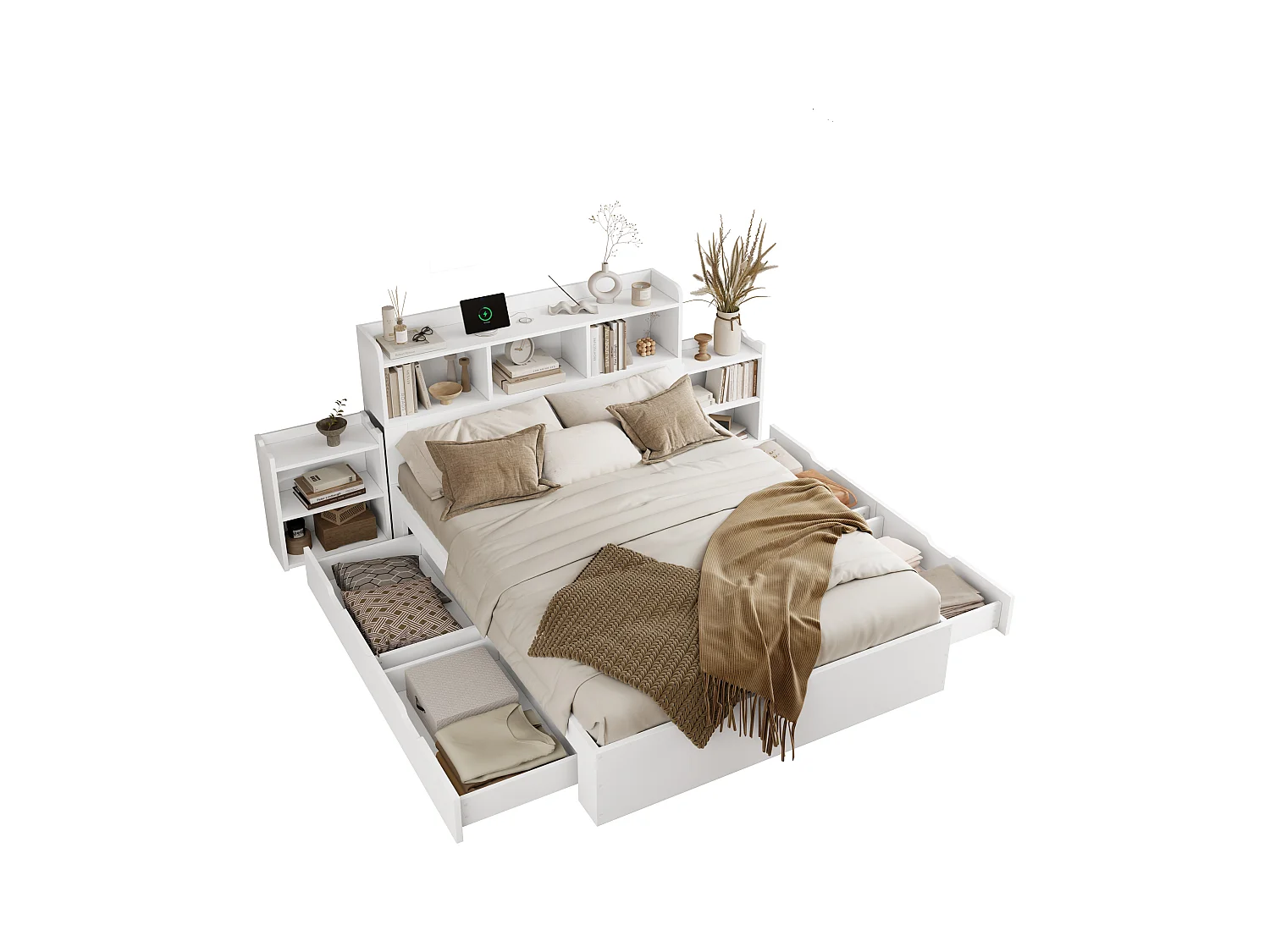 Lit double 140x200cm - avec 2 tables de chevet coulissantes - avec type C et chargement sans fil - avec 4 tiroirs et compartiments de rangement - blanc