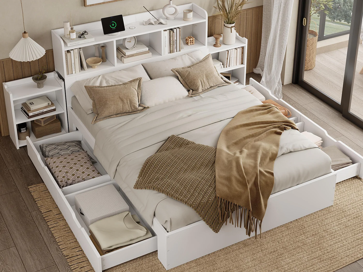 Lit double 140x200cm - avec 2 tables de chevet coulissantes - avec type C et chargement sans fil - avec 4 tiroirs et compartiments de rangement - blanc