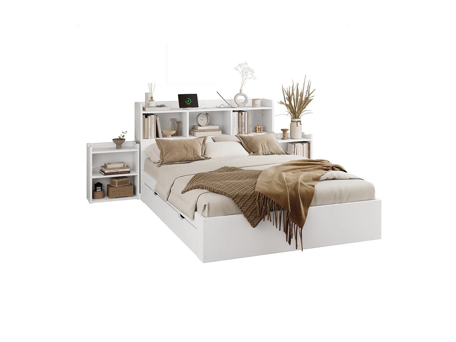 Lit double 140x200cm - avec 2 tables de chevet coulissantes - avec type C et chargement sans fil - avec 4 tiroirs et compartiments de rangement - blanc