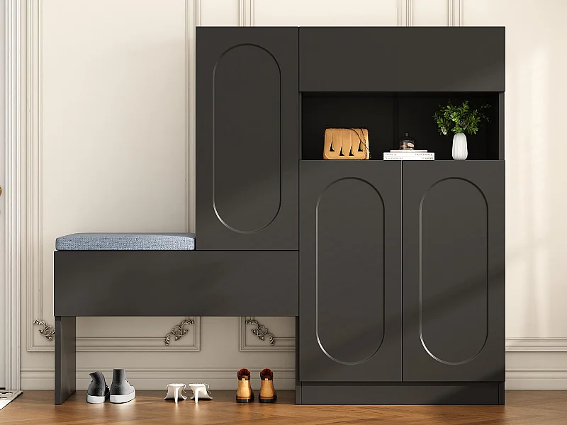 Multifunktionaler Schuhschrank - mit gepolstertem Sitz - mit 4 Türen und 1 Schublade - Schwarz