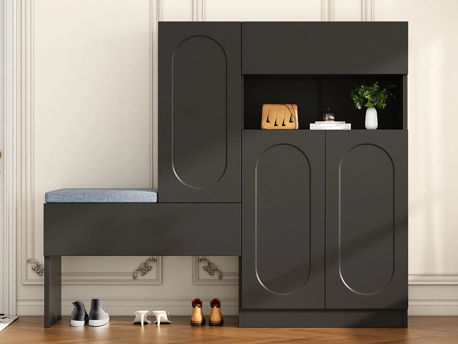 Meuble à chaussures multifonctionnelle - avec un siège rembourré - avec 4 portes et 1 tiroir - Noir