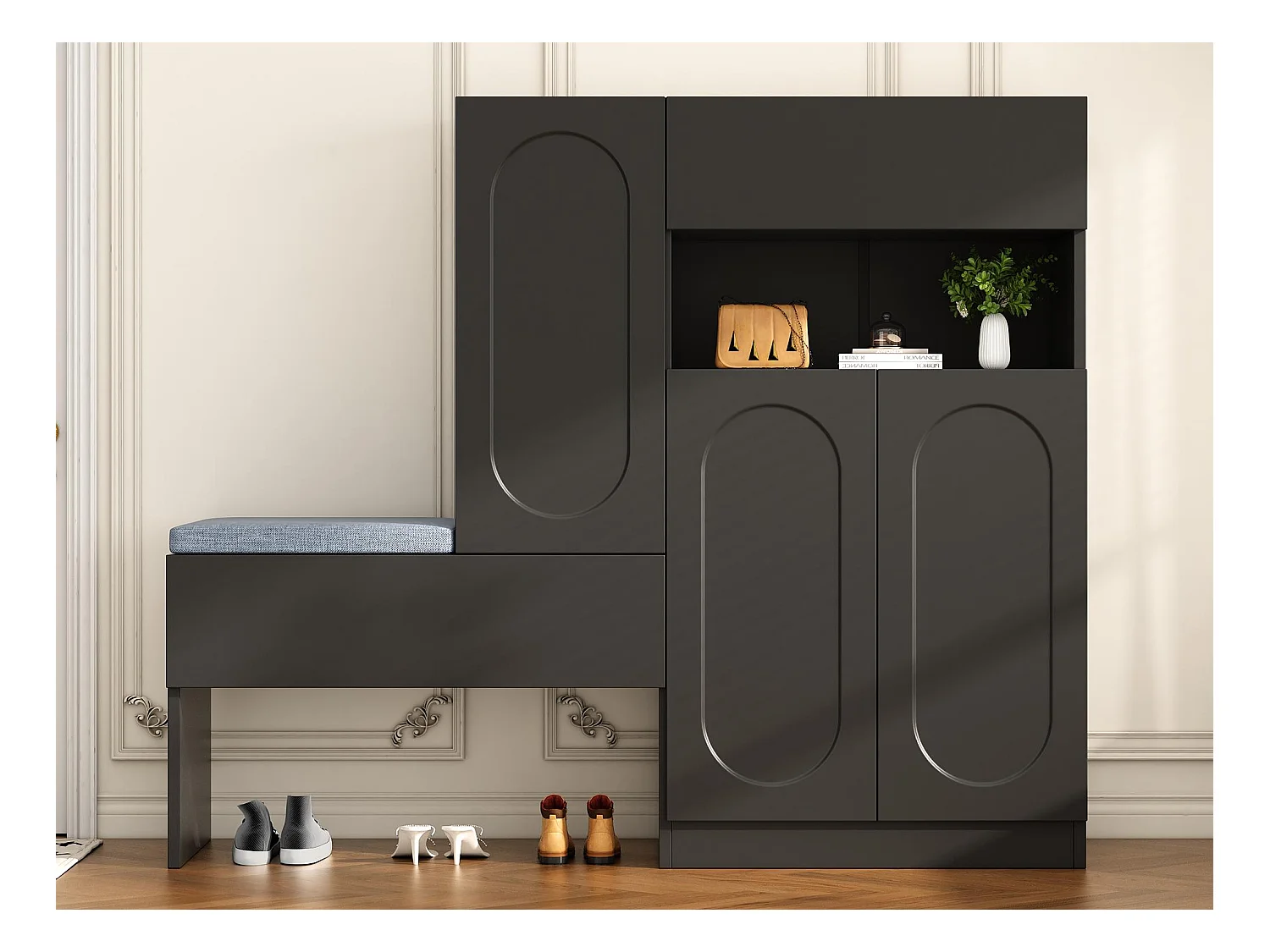 Meuble à chaussures multifonctionnelle - avec un siège rembourré - avec 4 portes et 1 tiroir - Noir