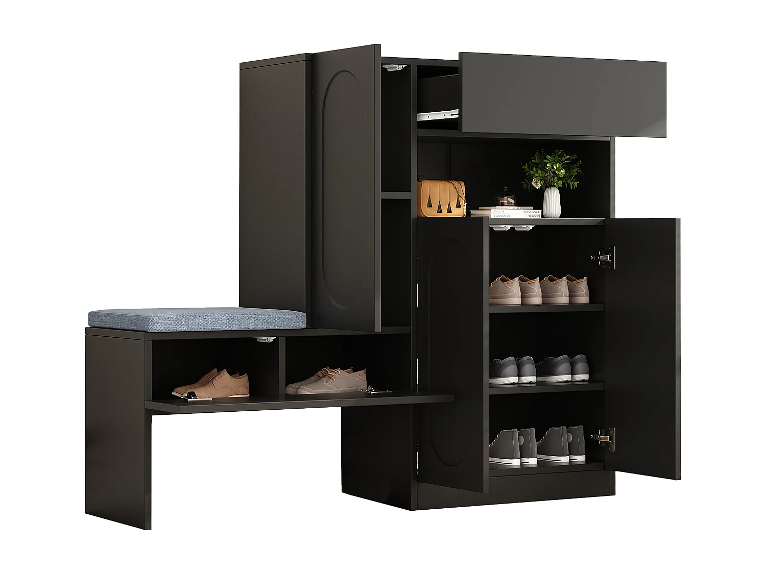 Multifunktionaler Schuhschrank - mit gepolstertem Sitz - mit 4 Türen und 1 Schublade - Schwarz