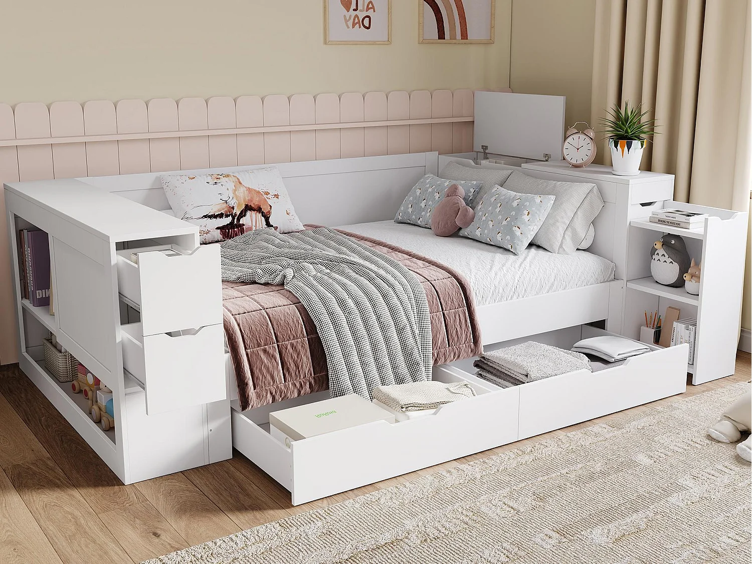 Kinder-Schlafsofa 140x200cm - mit Schubladen, Regalen und Stauraum - mit Nachttisch - Weiß (ohne Matratze)