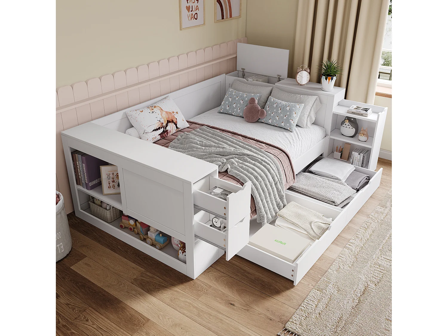 Kinder-Schlafsofa 140x200cm - mit Schubladen, Regalen und Stauraum - mit Nachttisch - Weiß (ohne Matratze)