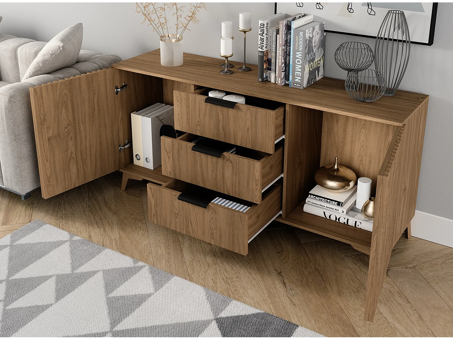 Gegroefd lichthouten dressoir – Bazen Collection