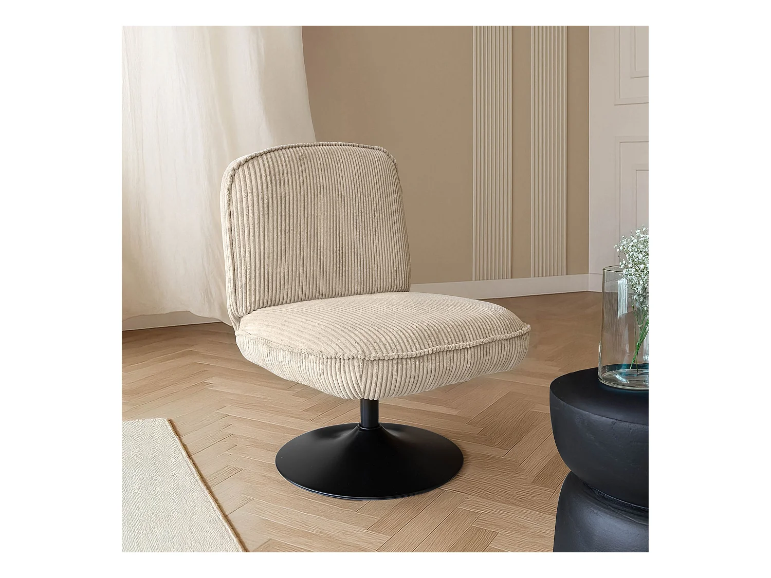 Now's Home - Fauteuil Pivotant Velour Cotele Beige Pied Metal Noir 62x74x75cm Funky
