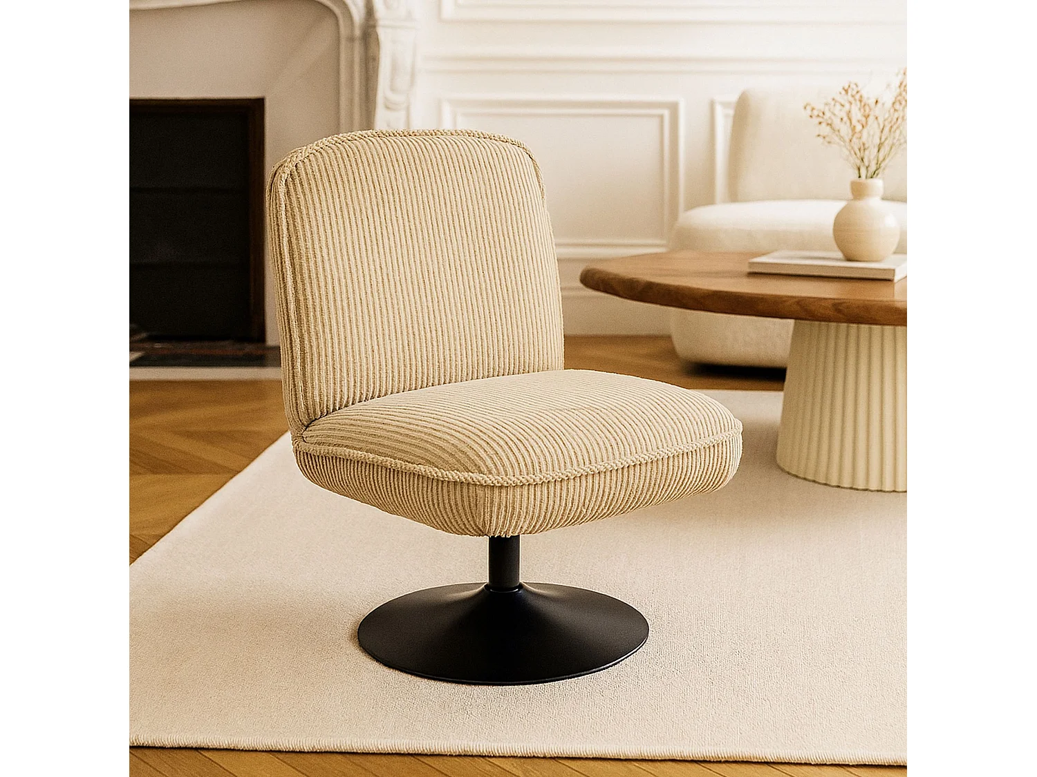 Now's Home - Fauteuil Pivotant Velour Cotele Beige Pied Metal Noir 62x74x75cm Funky