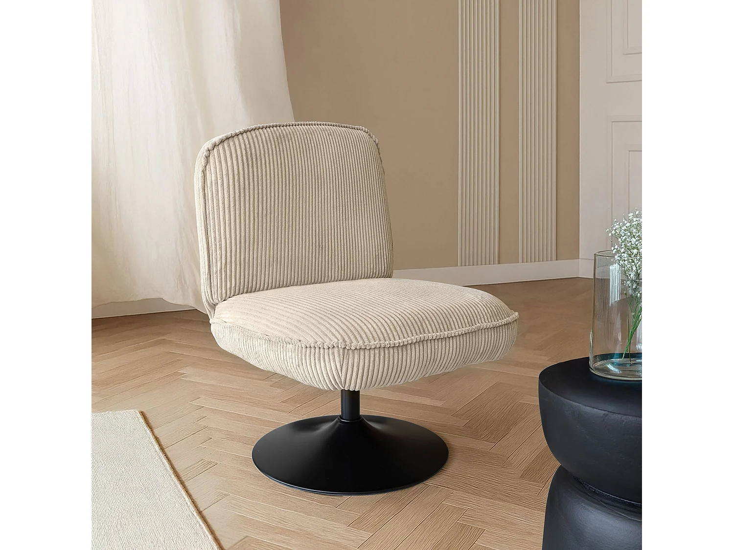 Now's Home - Fauteuil Pivotant Velour Côtelé Beige Pied Métal Noir 62x74x75cm Funky