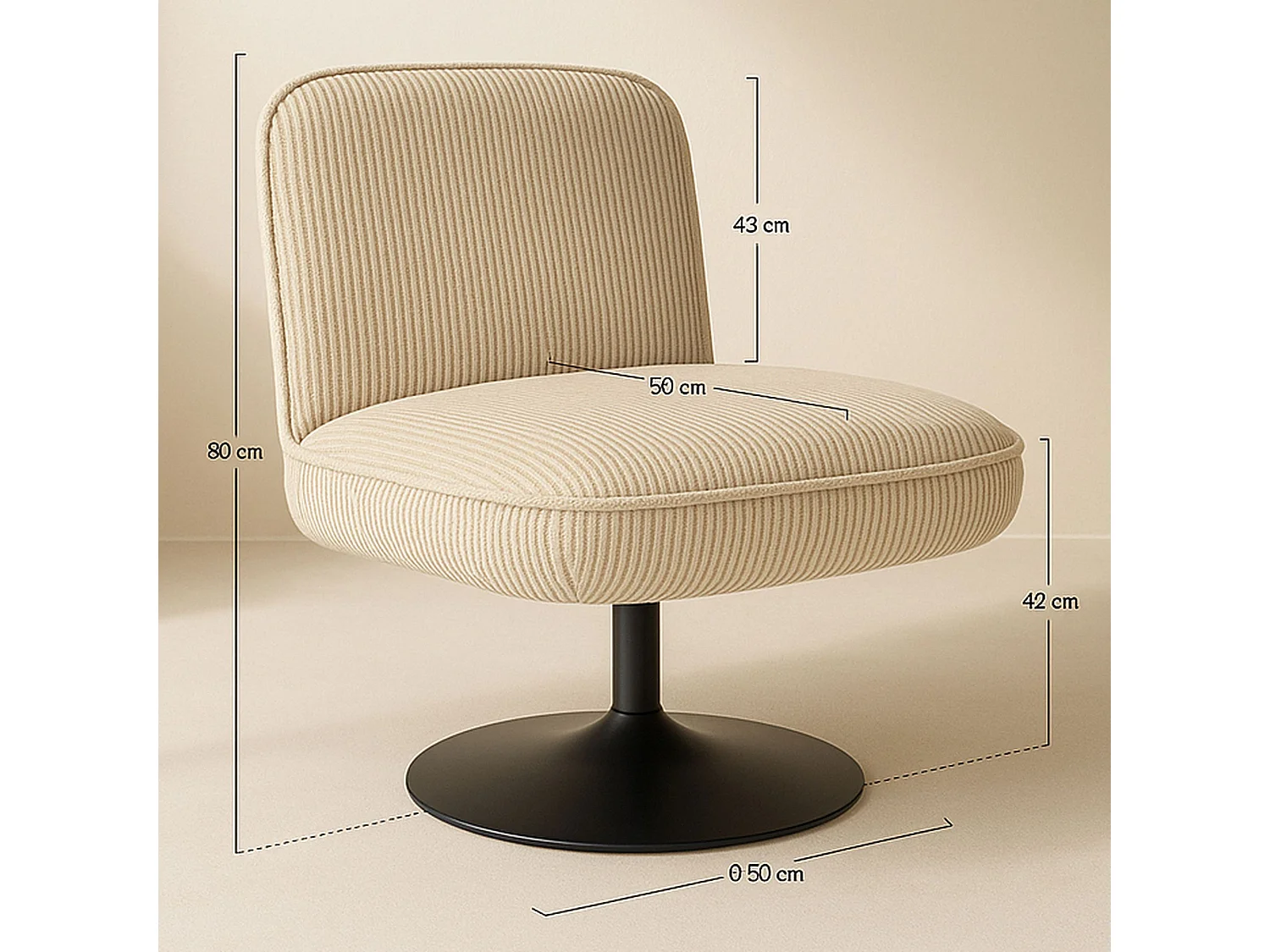 Now's Home - Fauteuil Pivotant Velour Côtelé Beige Pied Métal Noir 62x74x75cm Funky