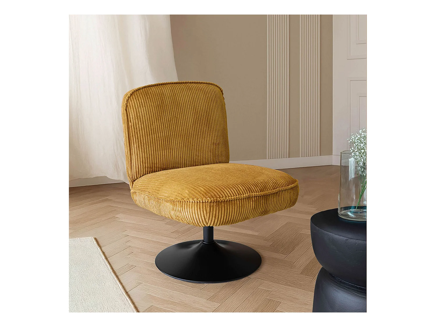 Now's Home - Fauteuil Pivotant Velour Cotele Safran Pied Metal Noir 62x74x75cm Funky
