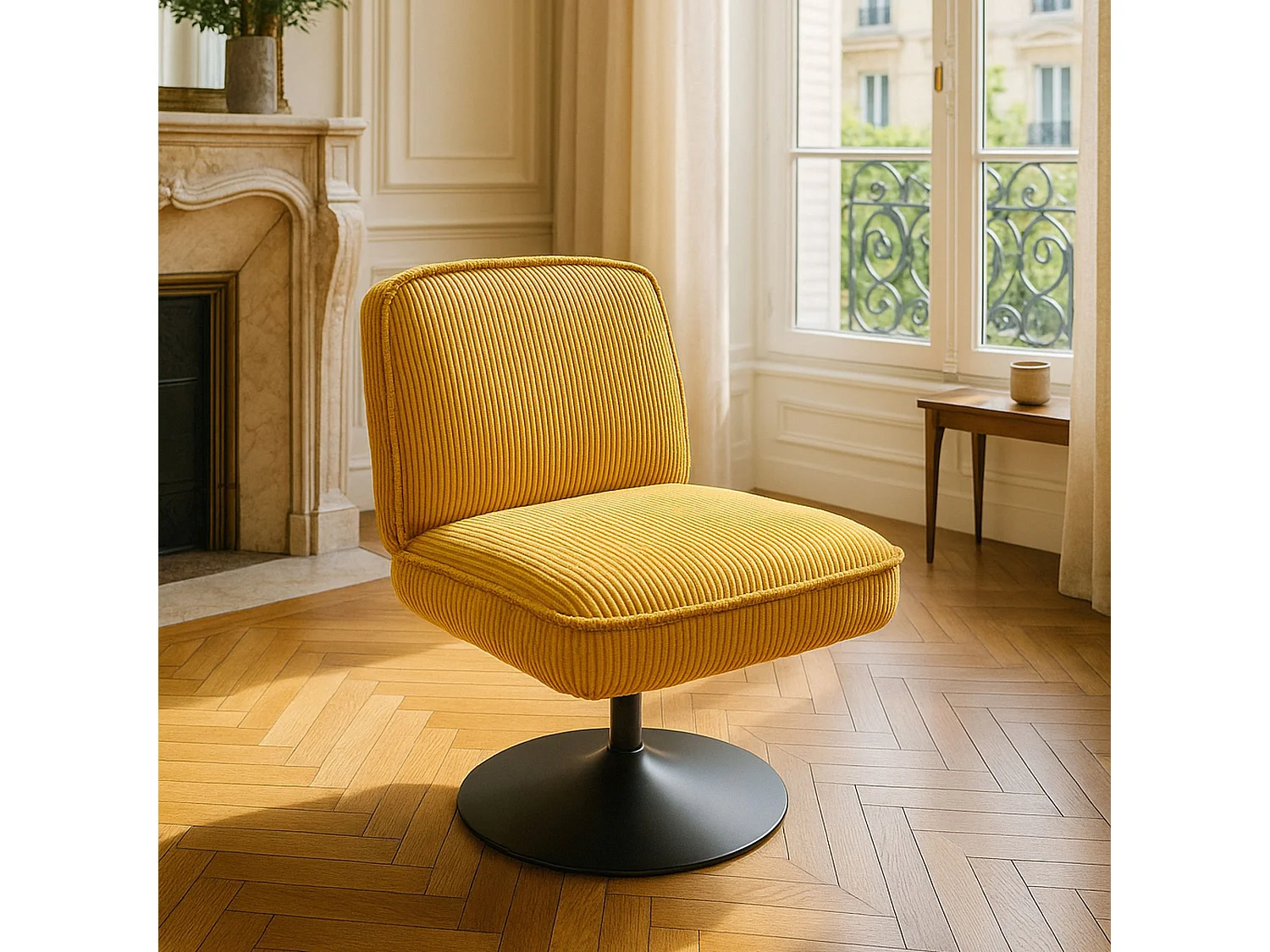 Now's Home - Fauteuil Pivotant Velour Cotele Safran Pied Metal Noir 62x74x75cm Funky