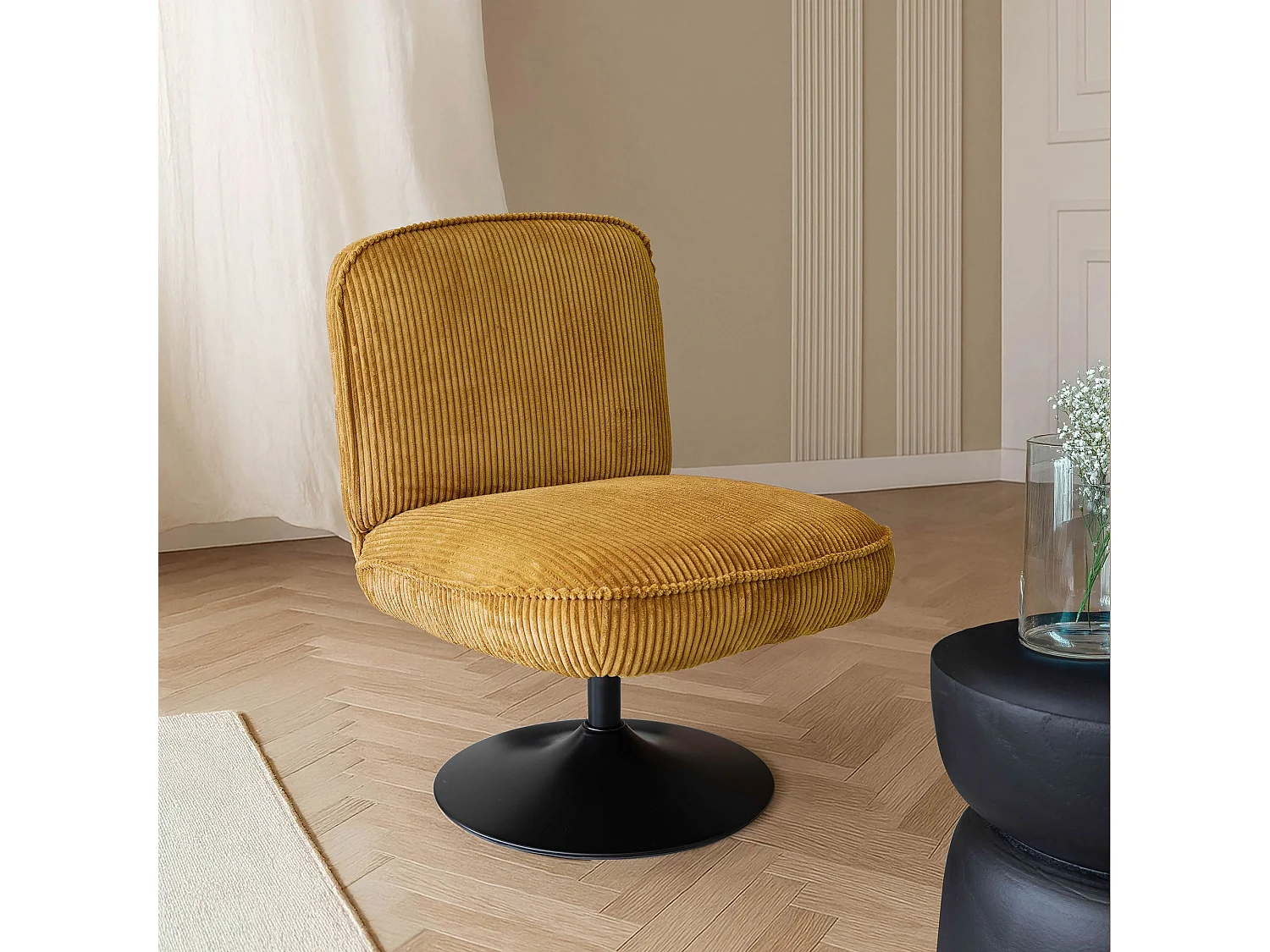 Now's Home - Fauteuil Pivotant Velour Côtelé Safran Pied Métal Noir 62x74x75cm Funky