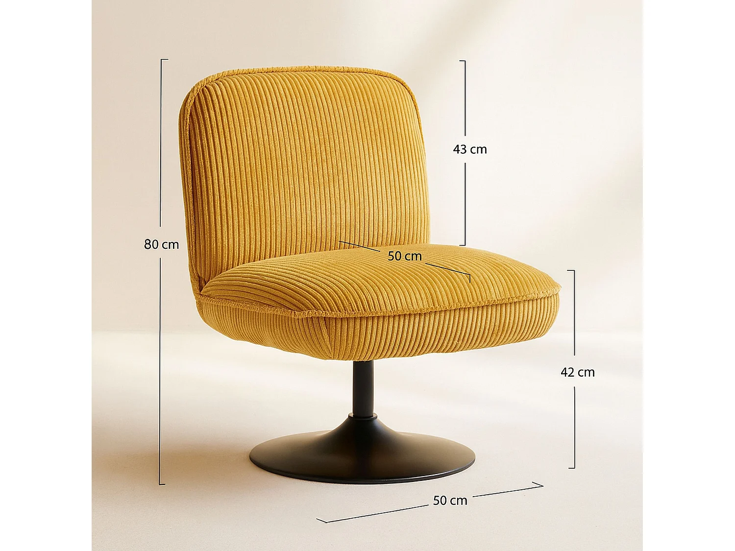 Now's Home - Fauteuil Pivotant Velour Côtelé Safran Pied Métal Noir 62x74x75cm Funky