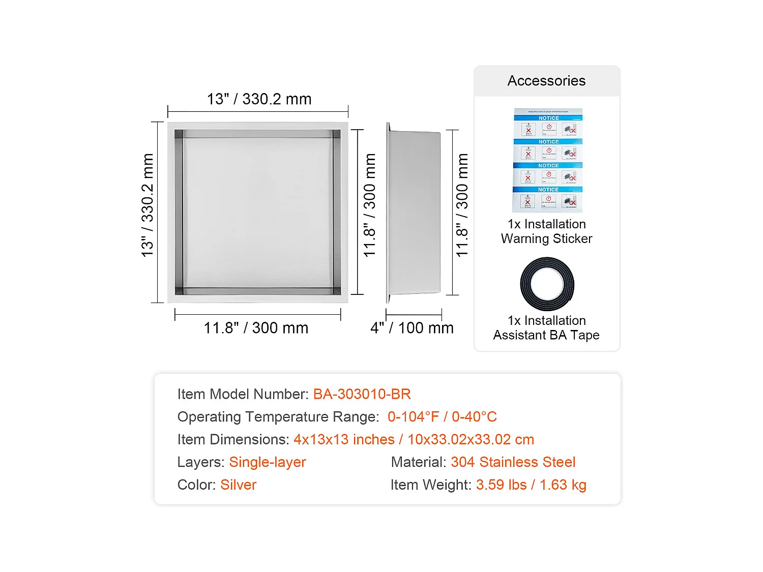 Niche de Douche SucceBuy, en Acier Inoxydable, 33x33 cm, Étagère Double Encastrée dans le Mur