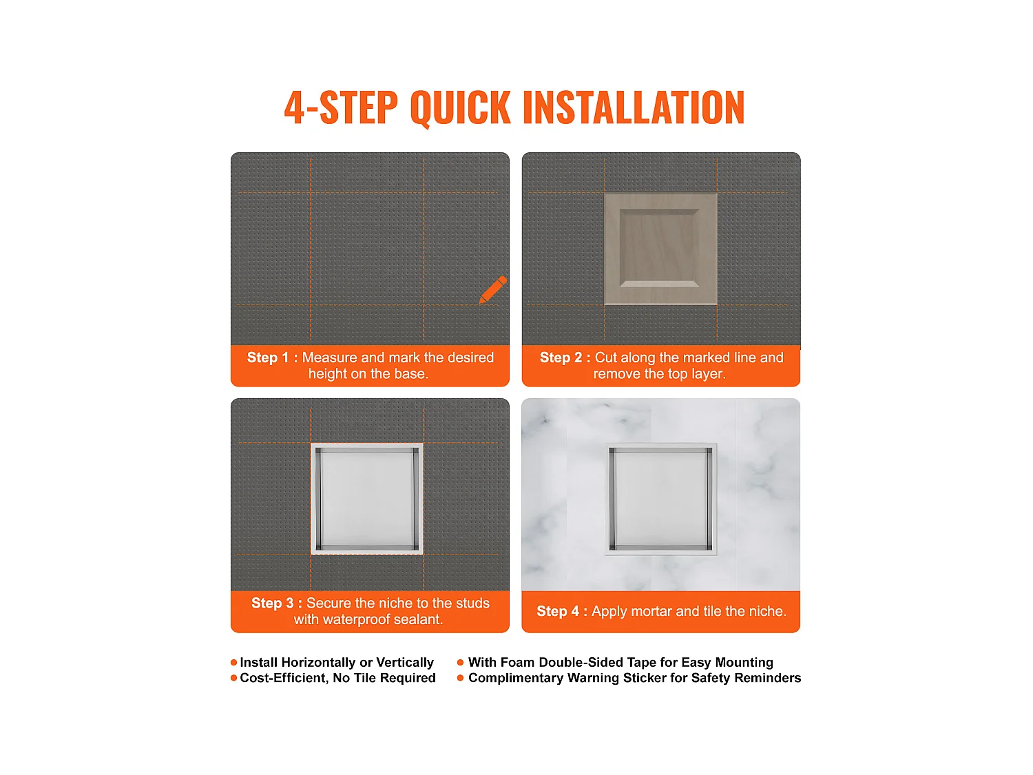 Niche de Douche SucceBuy, en Acier Inoxydable, 33x33 cm, Étagère Double Encastrée dans le Mur