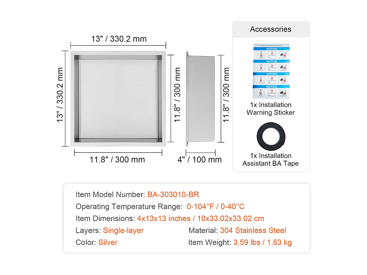 Niche de Douche SucceBuy, en Acier Inoxydable, 33x33 cm, Étagère Double Encastrée dans le Mur