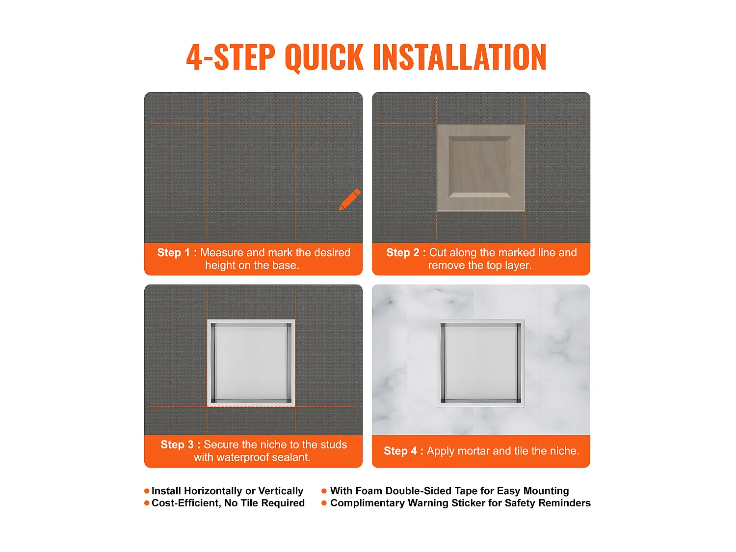 Niche de Douche SucceBuy, en Acier Inoxydable, 33x33 cm, Étagère Double Encastrée dans le Mur