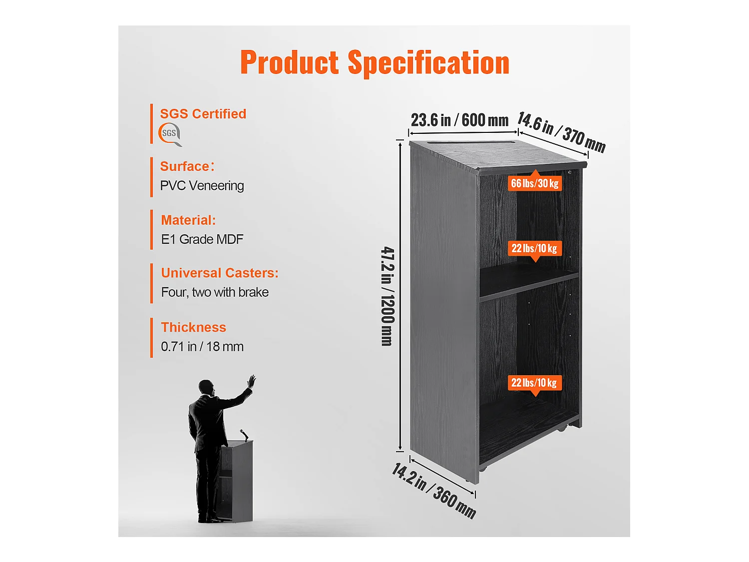 Support de Podium SucceBuy, avec Roulettes et Étagère de Rrangement, pour Présentation Réception Bureau École Église Restaurant, Noir