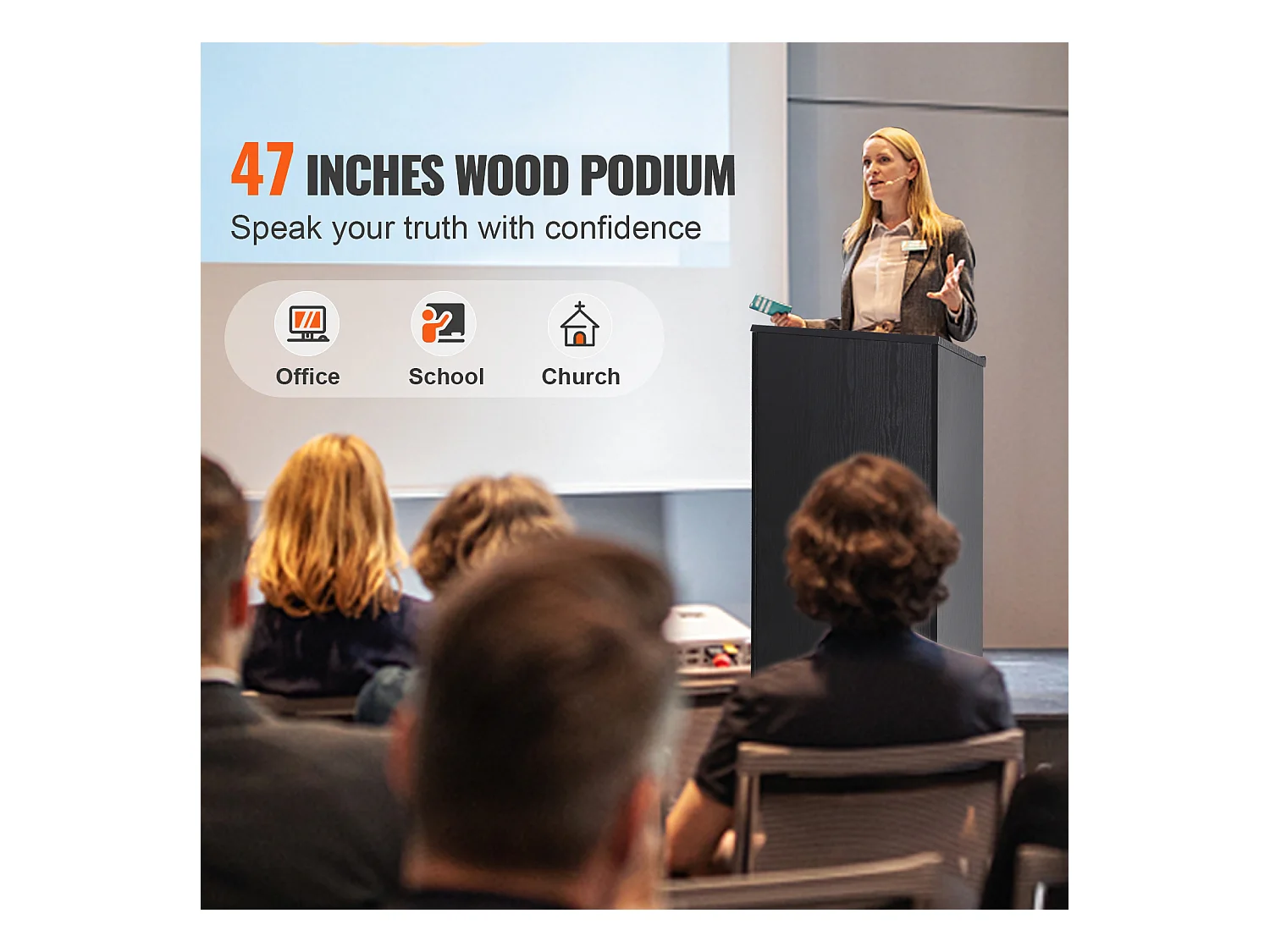 Podiumstandaard SucceBuy, met Wieltjes en Opbergplank, 119 cm,voor Presentatie Receptie Kantoor School Kerk Restaurant, Zwart