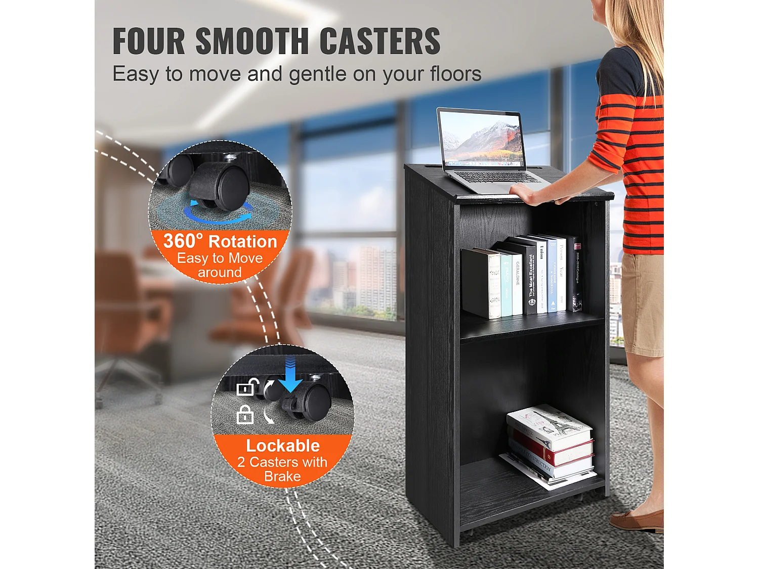 Support de Podium SucceBuy, avec Roulettes et Étagère de Rrangement, pour Présentation Réception Bureau École Église Restaurant, Noir