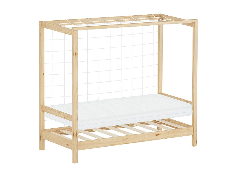 ML-Design Cama infantil 70x140 cm + colchón 10cm en forma de portería de fútbol de madera de pino natural, cuna individual para niño con somier y red