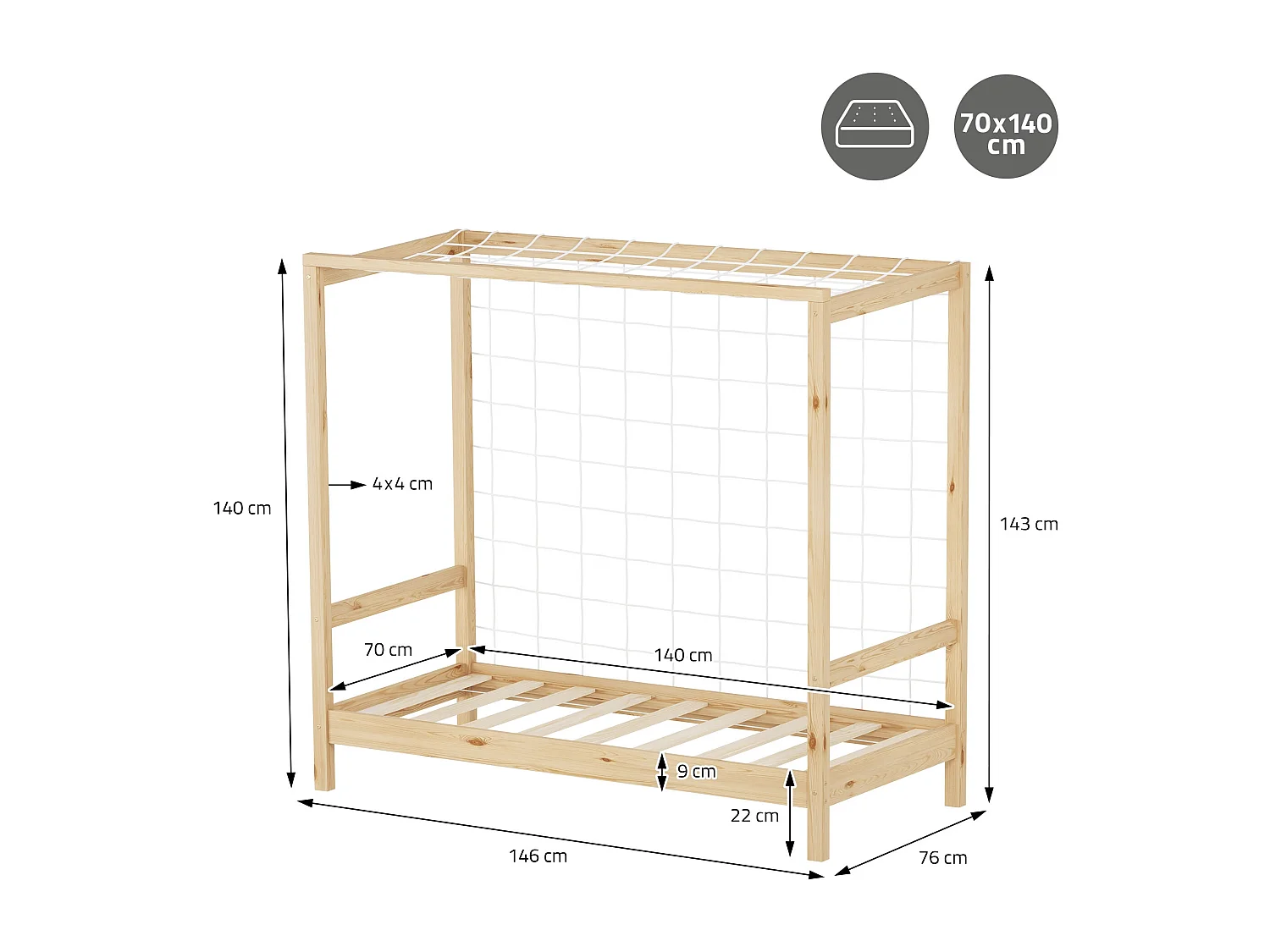 Lit d'enfant 70x140 cm avec matelas H10 cm en mousse cadre naturel en bois design football pin massif robuste avec sommier à lattes et filet de but