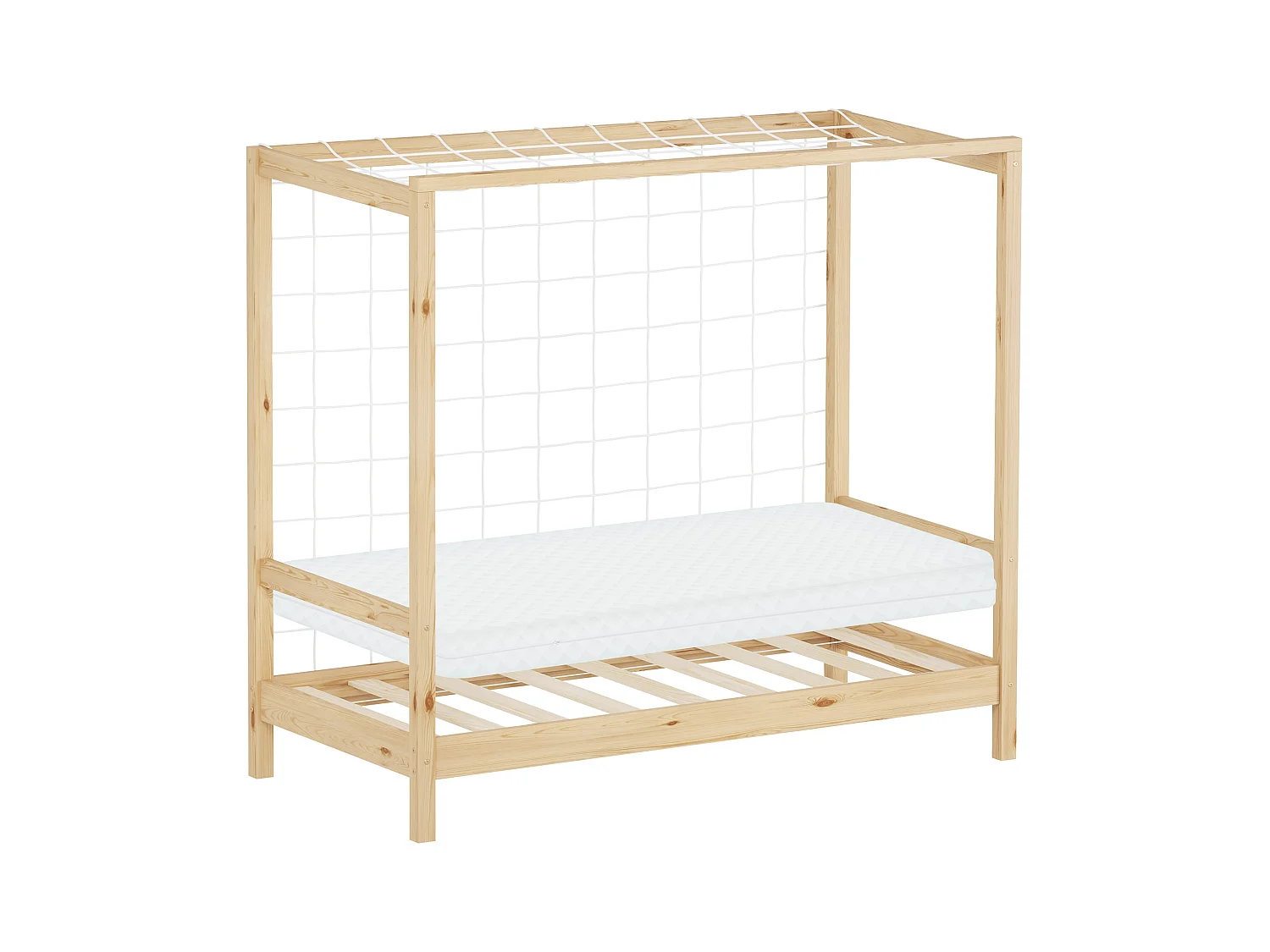 ML-Design Cama infantil 70x140 cm + colchón 10cm en forma de portería de fútbol de madera de pino natural, cuna individual para niño con somier y red