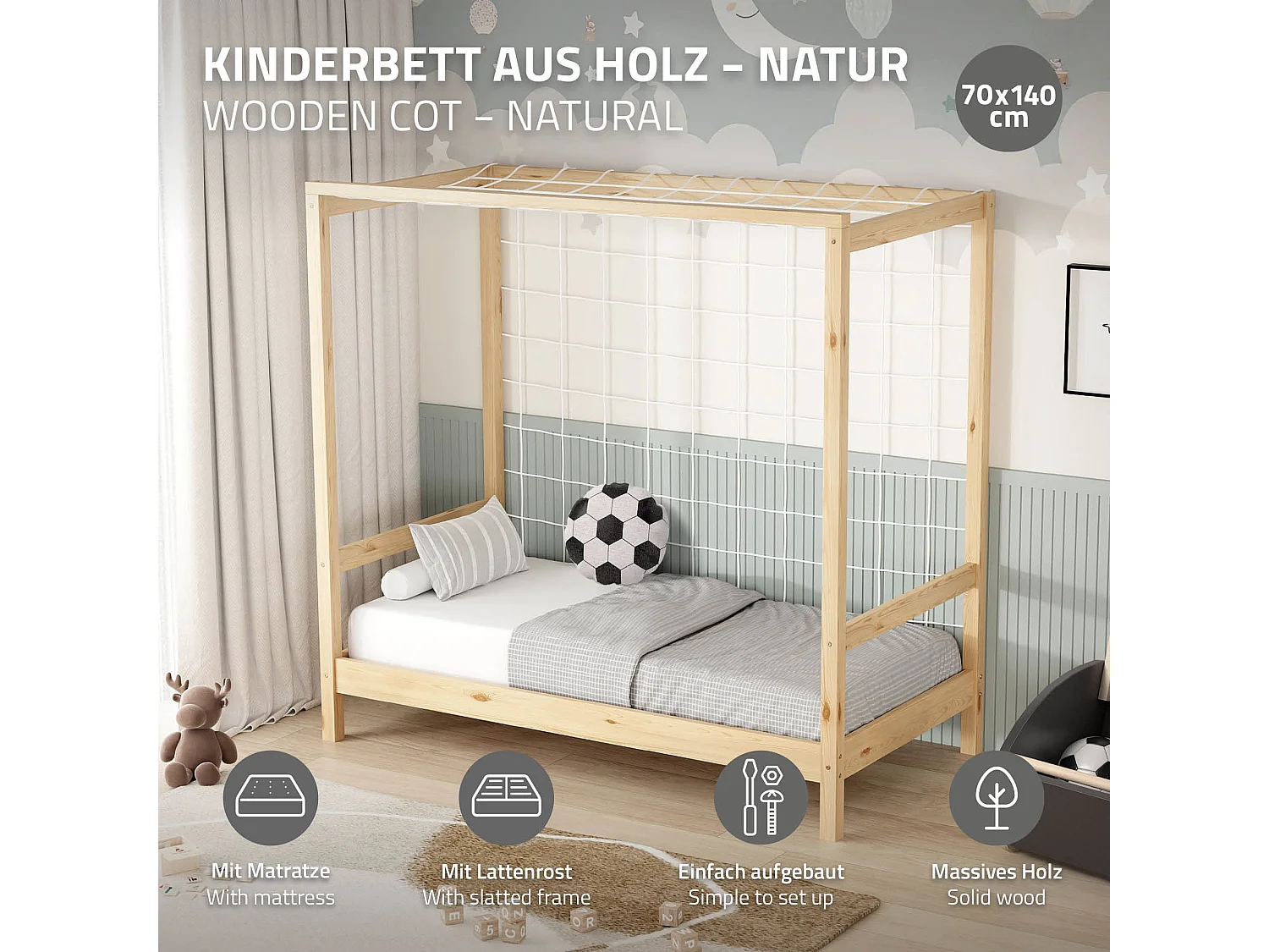 Lit d'enfant 70x140 cm avec matelas H10 cm en mousse cadre naturel en bois design football pin massif robuste avec sommier à lattes et filet de but