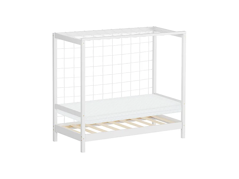 ML-Design Cama infantil 70x140 cm + colchón 10cm en forma de portería de fútbol de madera de pino blanca, cuna individual para niño con somier y red