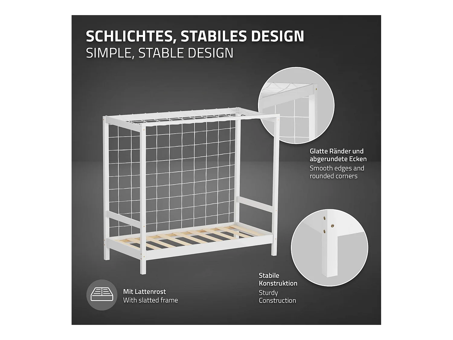 Lit d'enfant 70x140 cm avec matelas H10 cm en mousse cadre blanc en bois design football pin massif robuste avec sommier à lattes et filet de but