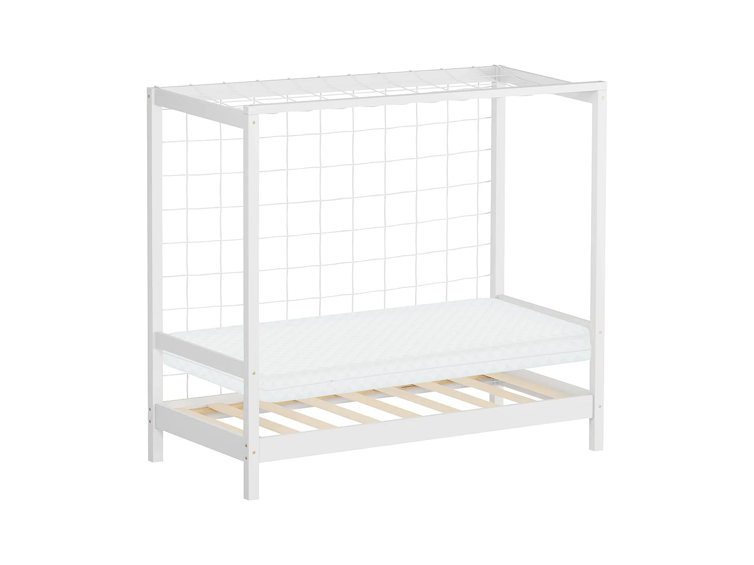 ML-Design Cama infantil 70x140 cm + colchón 10cm en forma de portería de fútbol de madera de pino blanca, cuna individual para niño con somier y red