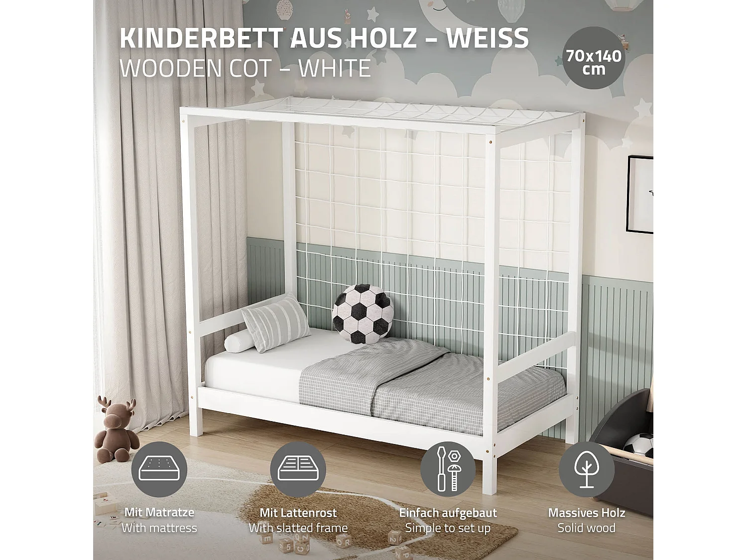 Lit d'enfant 70x140 cm avec matelas H10 cm en mousse cadre blanc en bois design football pin massif robuste avec sommier à lattes et filet de but