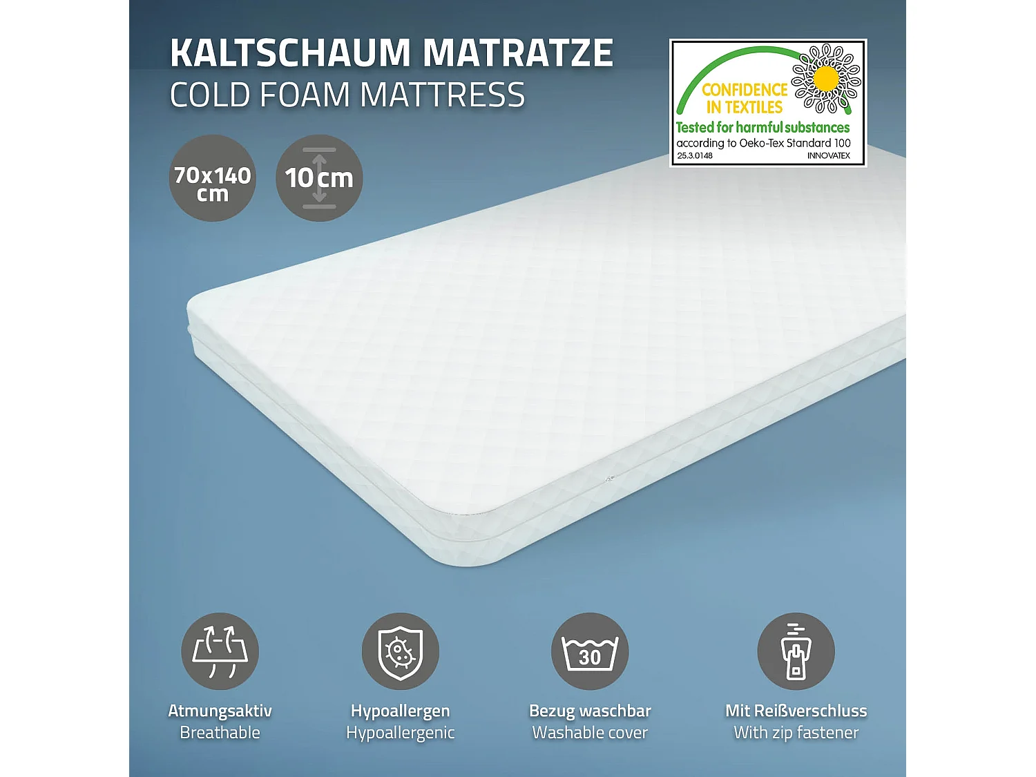 Lit d'enfant 70x140 cm avec matelas H10 cm en mousse cadre blanc en bois design football pin massif robuste avec sommier à lattes et filet de but
