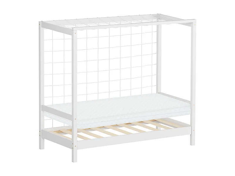 Lit d'enfant 70x140 cm avec matelas H10 cm en mousse cadre blanc en bois design football pin massif robuste avec sommier à lattes et filet de but