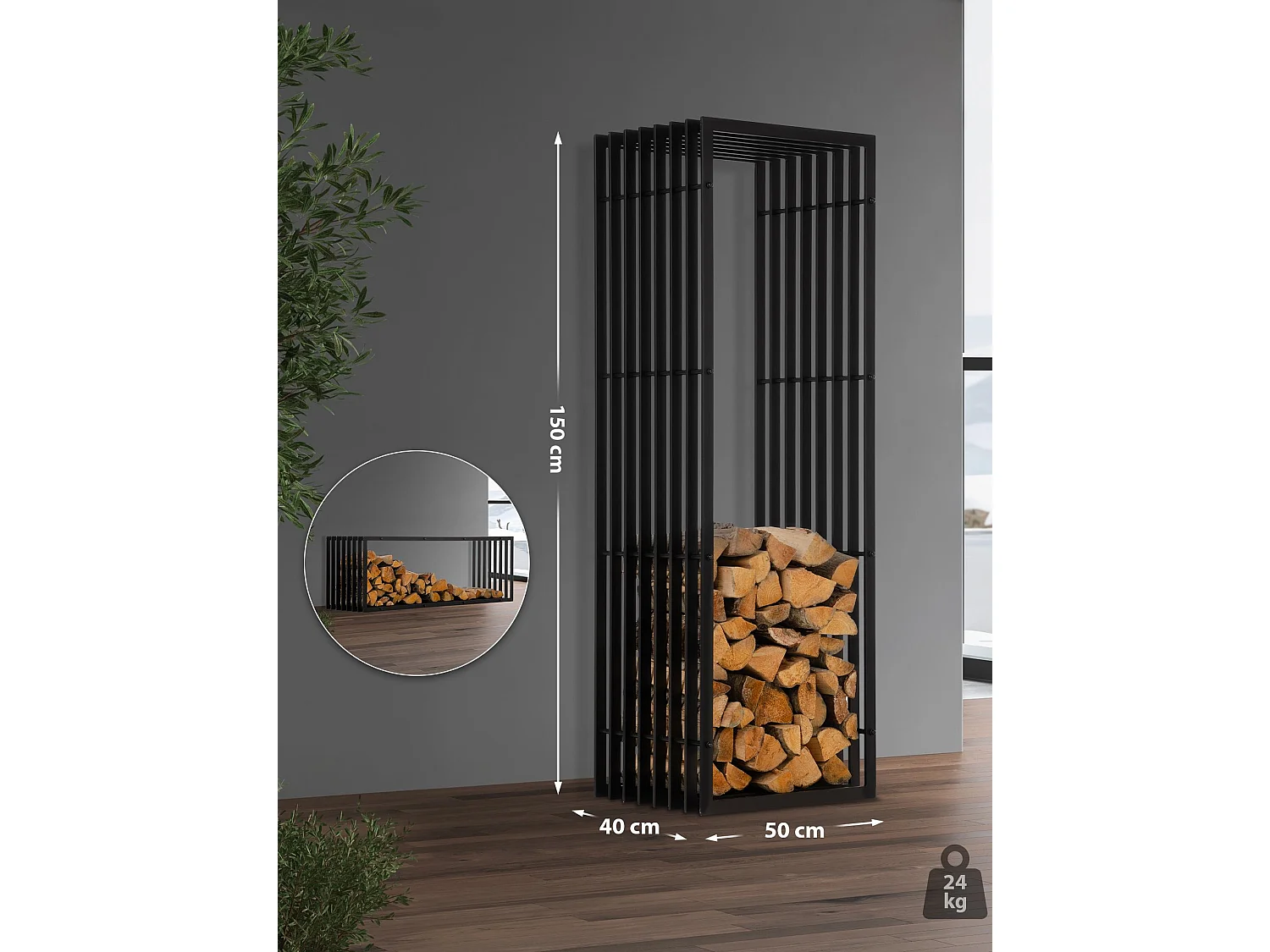 Range-bûches étagère support bois métal marron 50 x 40 x 150 cm 10_0003537