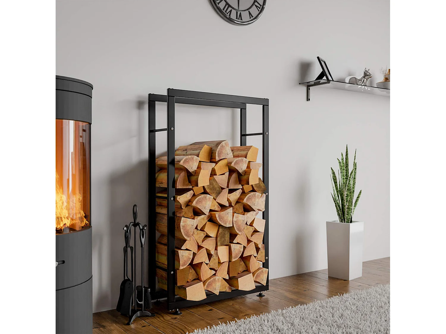 Range-bûches étagère support bois métal marron 60 x 25 x 150 cm 10_0003556