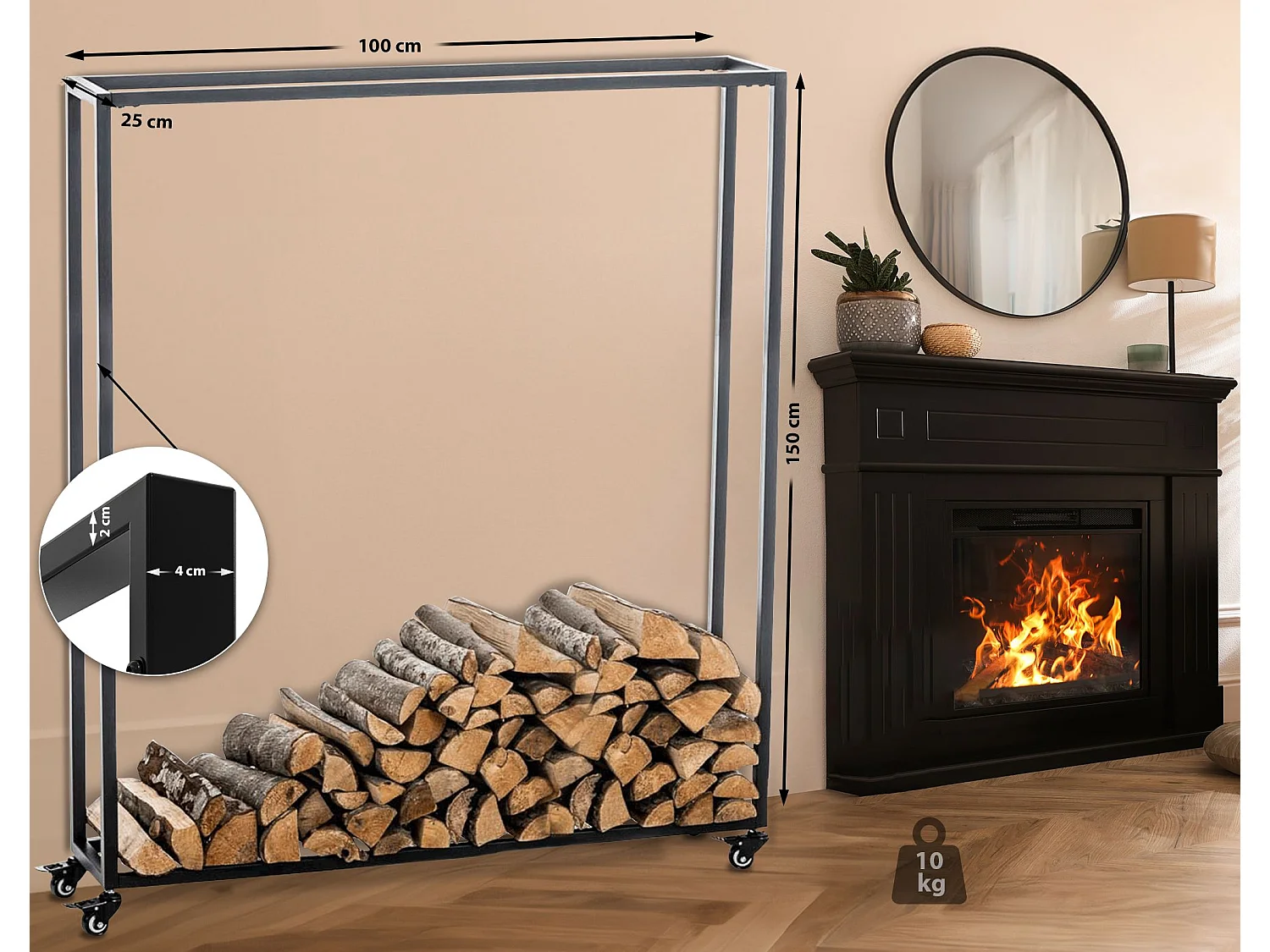 Range-bûches étagère support bois métal marron 100 x 25 x 150 cm 10_0003527