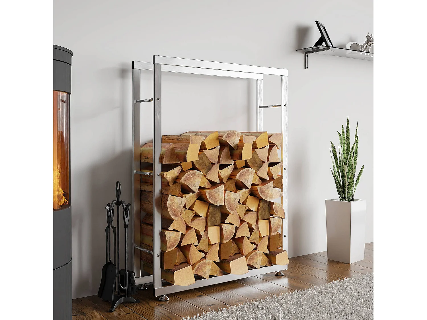 Range-bûches étagère support bois argenté 125 x 25 x 100 cm 10_0003547