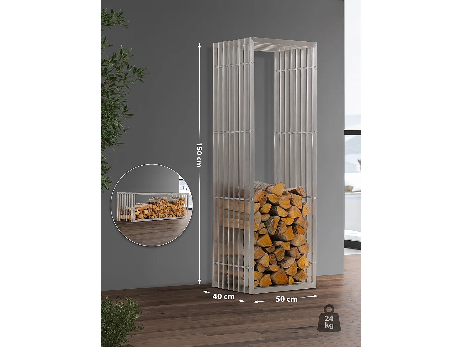 Range-bûches étagère support bois argenté 50 x 40 x 150 cm 10_0003538