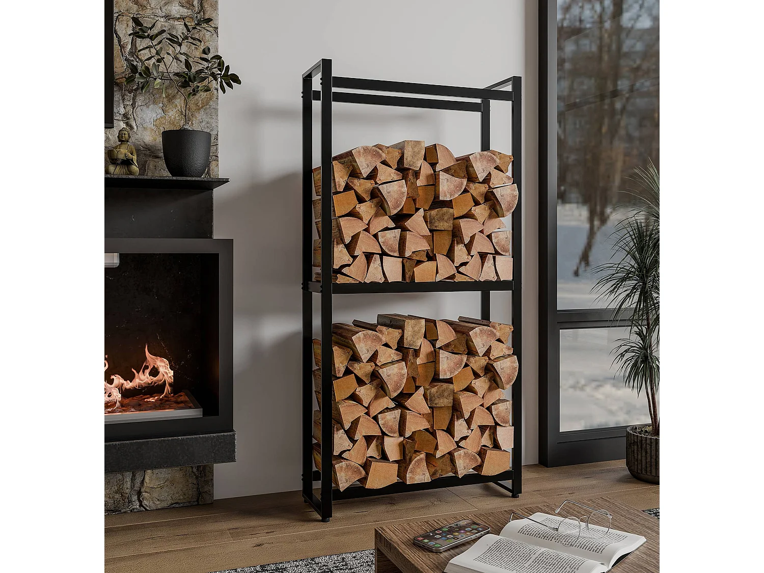 Range-bûches 2 niveaux étagère métal marron 75 x 25 x 150 cm 10_0003575