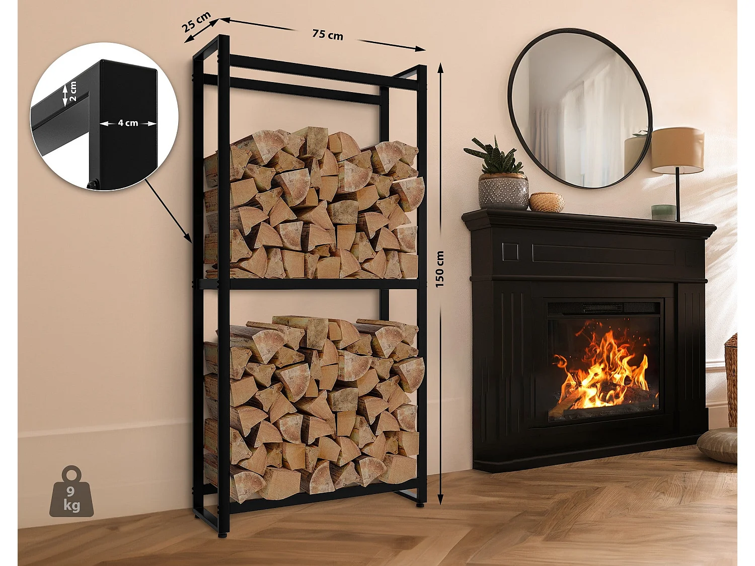 Range-bûches 2 niveaux étagère métal marron 75 x 25 x 150 cm 10_0003575