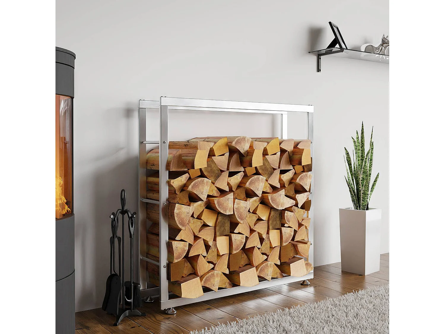 Range-bûches étagère support bois argenté 100 x 25 x 100 cm 10_0003546