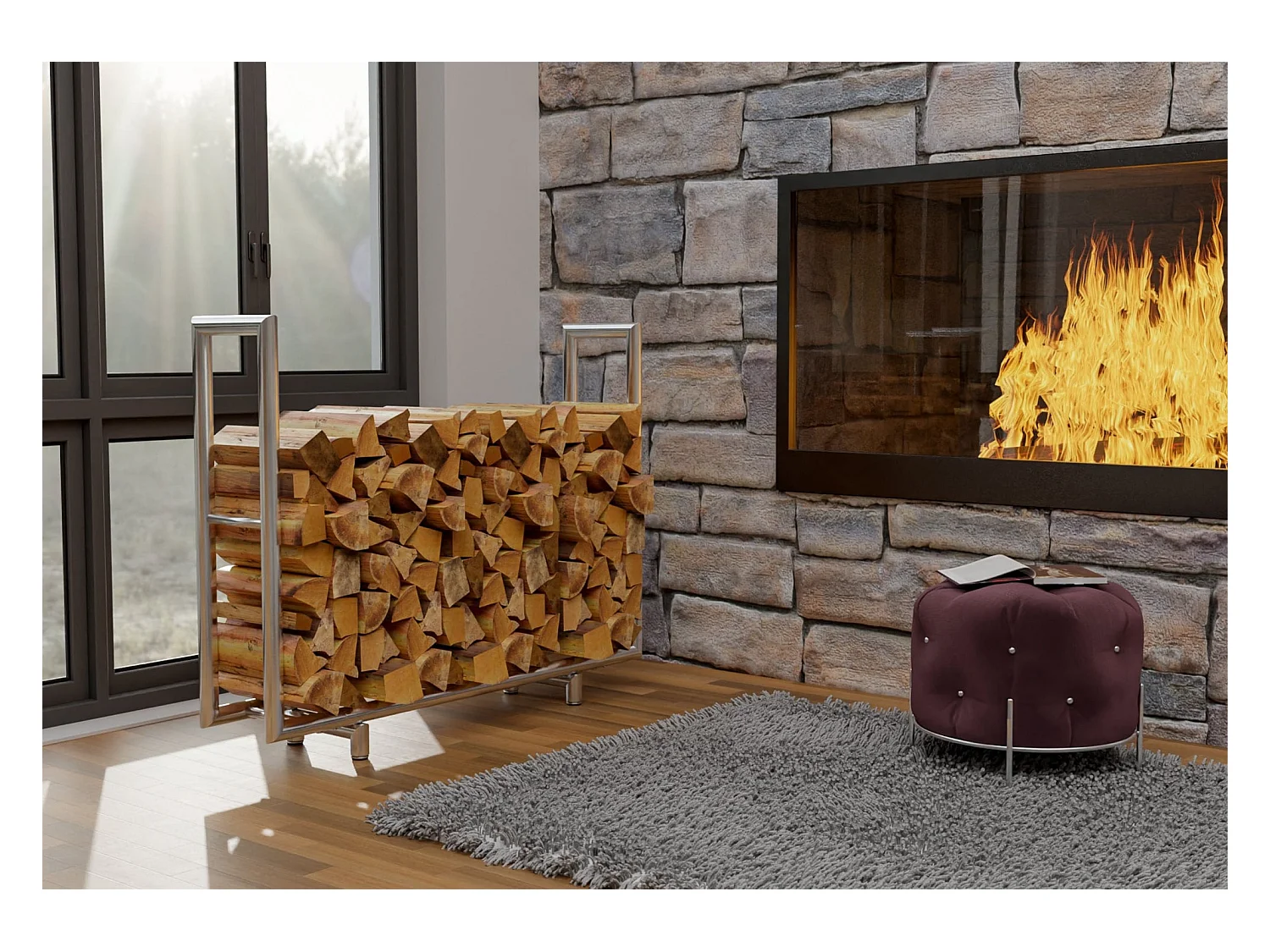 Porte-bûches rangement bois de argenté 122 x 30 x 91 cm 10_0003525